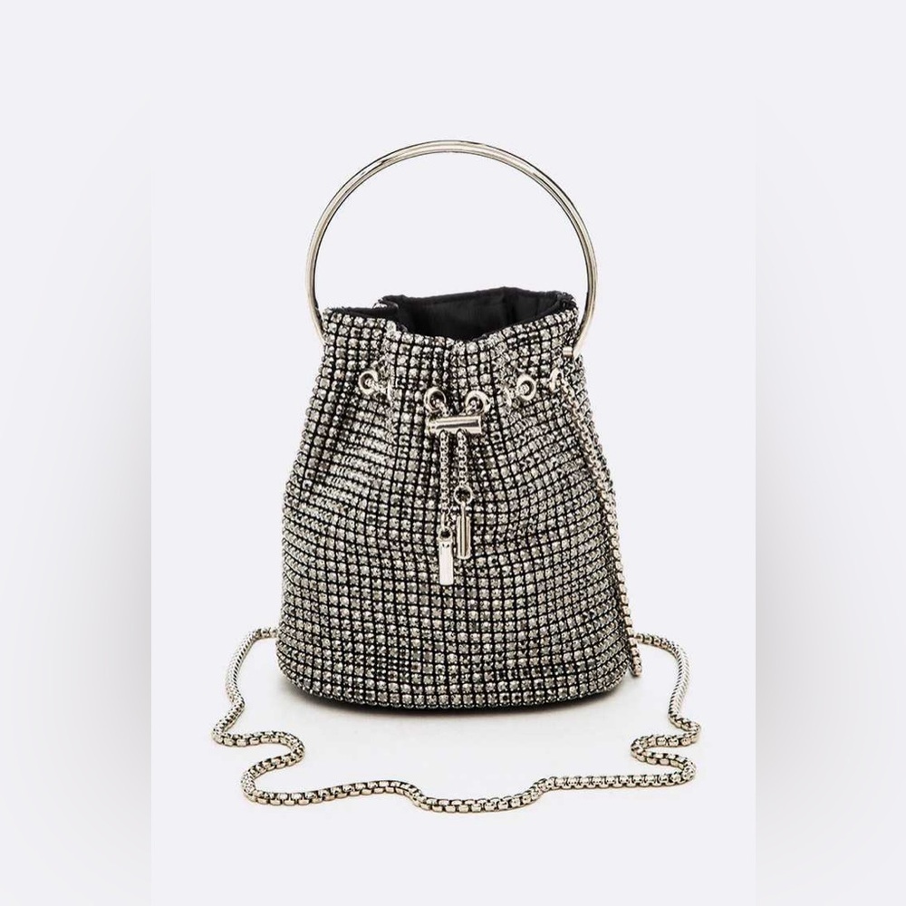 Grey Rhinestone Covered Bucket Swing Handle Handbag Purse